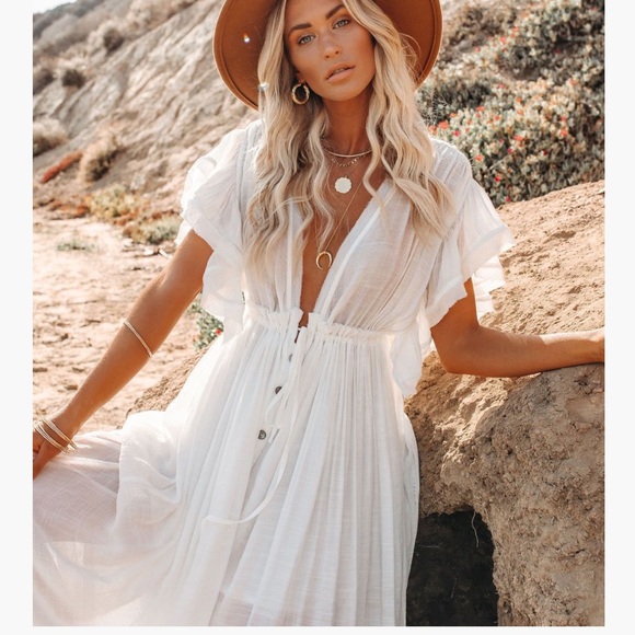 Boho long maxi beach cover up ruffle-white - Picture 3 of 8